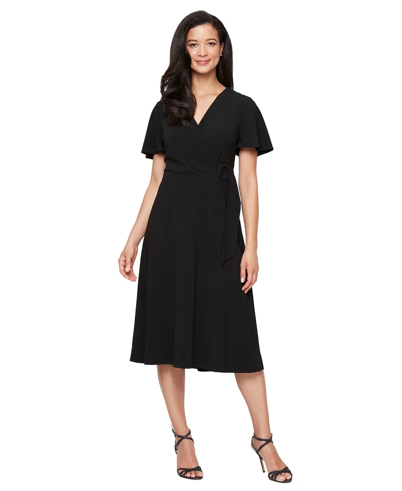 Sl Fashions Women's Solid-Color Surplice Flutter-Sleeve Dress
