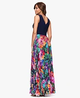 Xscape Women's V-Neck Printed-Skirt Gown