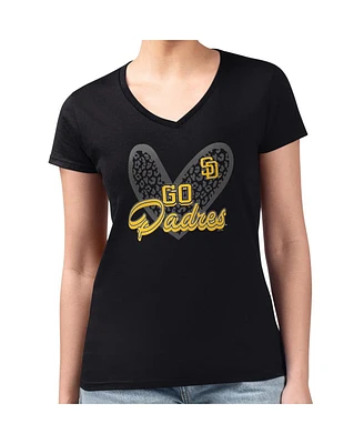 G-iii 4Her by Carl Banks Women's Black San Diego Padres Leopard Heart Fitted V-Neck T-Shirt