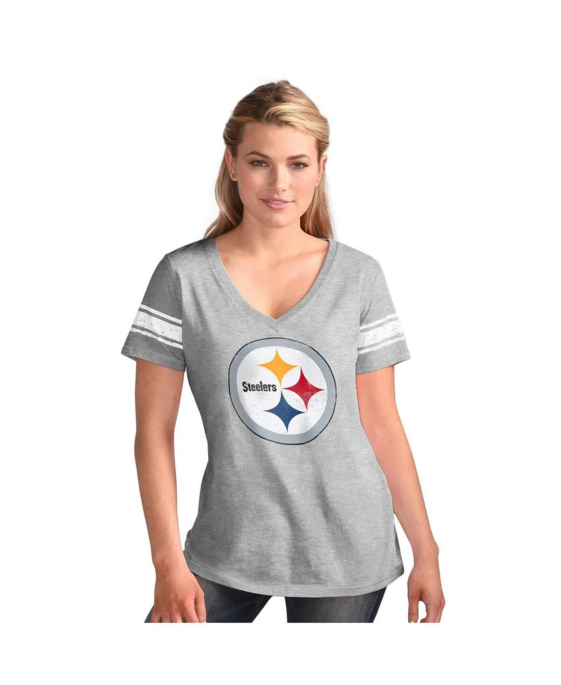 G-iii 4Her by Carl Banks Women's Heather Gray Pittsburgh Steelers First Pick Distressed V-Neck T-Shirt