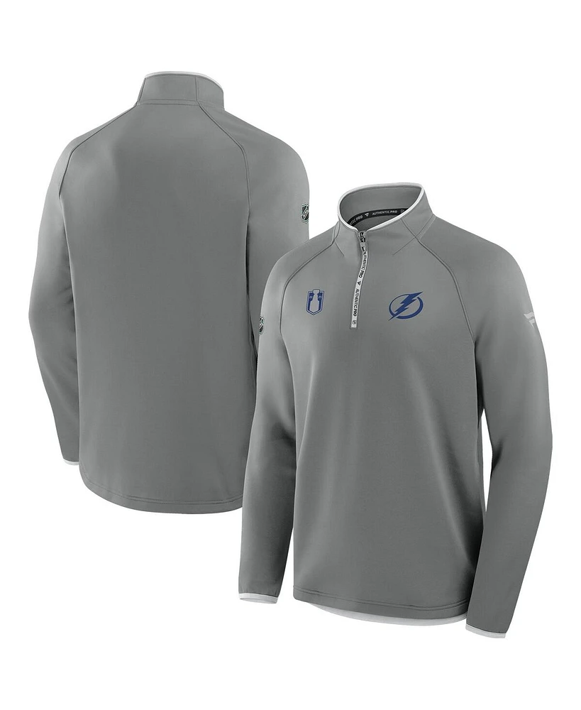 Fanatics Men's Gray Tampa Bay Lightning 2025 Stanley Cup Playoffs Authentic Pro Fleece Quarter-Zip Pullover Hoodie