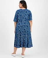 London Times Plus Short-Sleeve Printed Fit & Flare Midi Dress