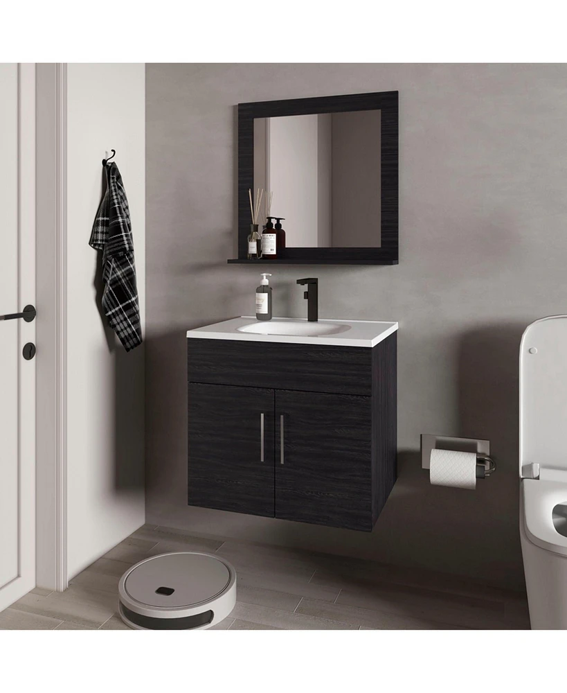 Slater Floating Bathroom Vanity Set with Sink, Two-Door Cabinet, and Mirror,Wengue
