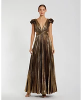 Mac Duggal Women's Ruffle Sleeve Cutout Pleated Metallic Gown