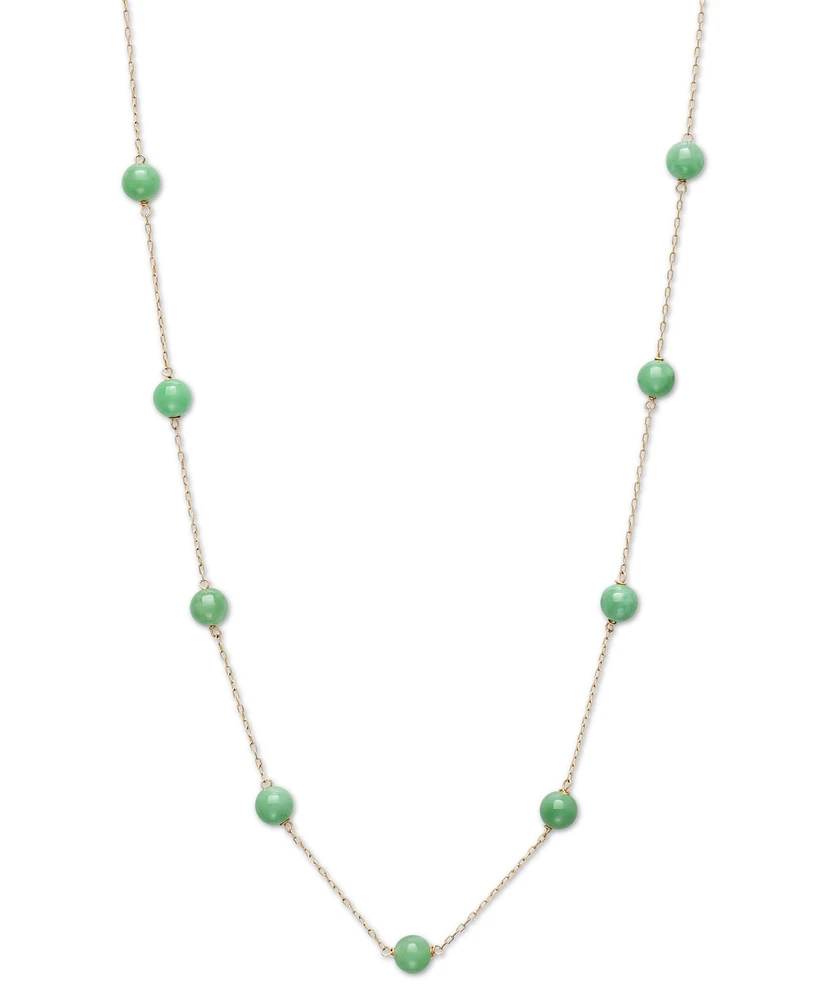 Dyed Green Jade Bead Station 18" Collar Necklace in 10k Gold