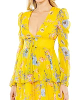 Mac Duggal Women's Floral Chiffon Dress with Deep V-Neck and Ruffle Tiered Skirt
