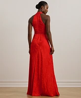Lauren Ralph Women's Belted Floral Jacquard Halter Gown