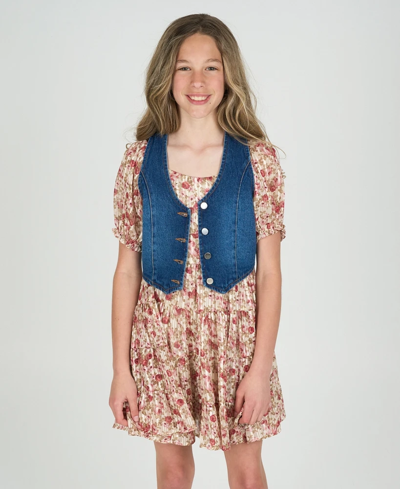 Rare Editions Big Girls 2-Piece Lurex Chiffon With Denim Vest and Dress Set