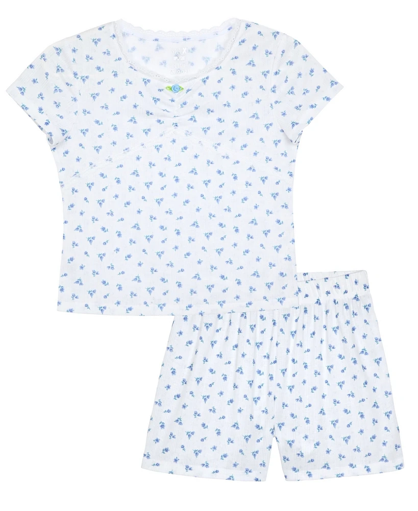Max & Olivia Big Girls Pointelle with Lace Floral-Print Shorts Pajama Set