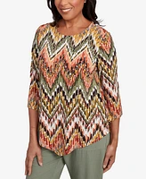 Alfred Dunner Women's Copper Canyon Ikat Chevron Top with Necklace