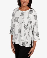 Alfred Dunner Women's Santa Barbara Geometric Floral Soutache Embroidered Top