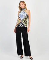 T Tahari Women's Printed Halter-Neck Keyhole Blouse