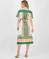 T Tahari Women's Printed Elbow-Sleeve Tie-Waist Split-Neck Midi Dress