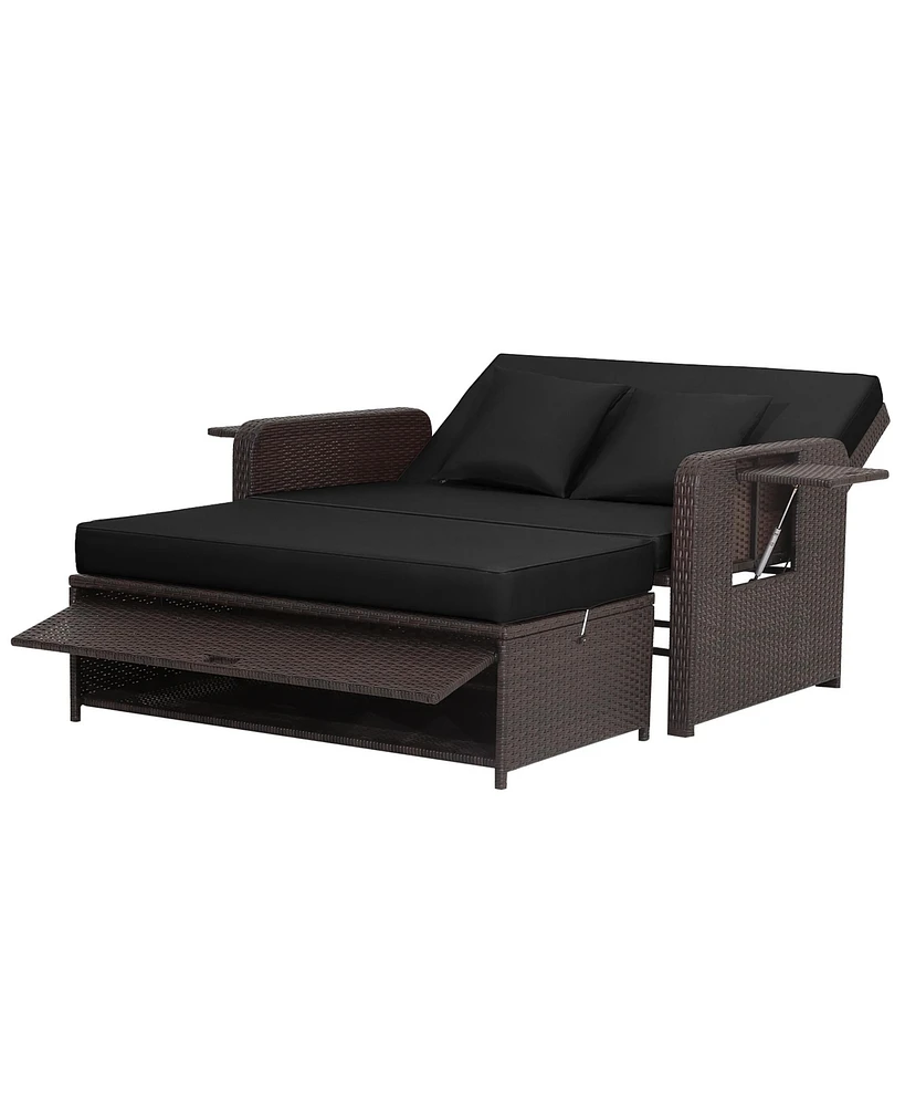 Gymax Rattan Loveseat Set Daybed Lounge w/ Storage Ottoman Side Tables Adjust Patio