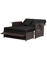 Gymax Rattan Loveseat Set Daybed Lounge w/ Storage Ottoman Side Tables Adjust Patio