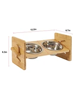Bingopaw Adjustable Cat Bowl Set,Stainless Steel Bowls w/Bamboo Stand, 4 Height & Angle Positions for Cats/Kittens/Small Pets