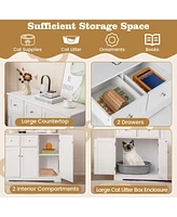 Cat Litter Box Enclosure with 2 Drawers and 3 Doors for Kittens and Adult Cats