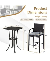 3-Piece Patio Wicker Rattan Bar Height Chairs and Square Table Set
