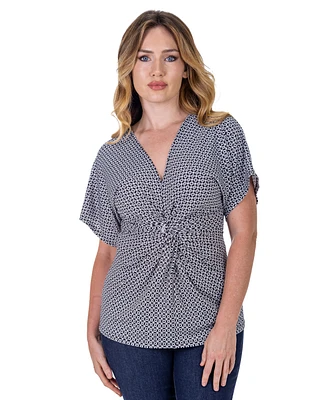 24seven Comfort Apparel Petite V-Neck Geometric Print Front Kimono Sleeve Top