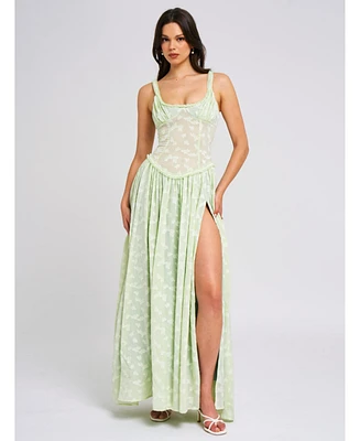 Miss Circle Women's Ulissa Light Green Square Neck Jacquard Textured High Slit Maxi Dress