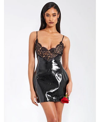 Miss Circle Women's Shelby Black Faux Leather with Lace Mini Dress