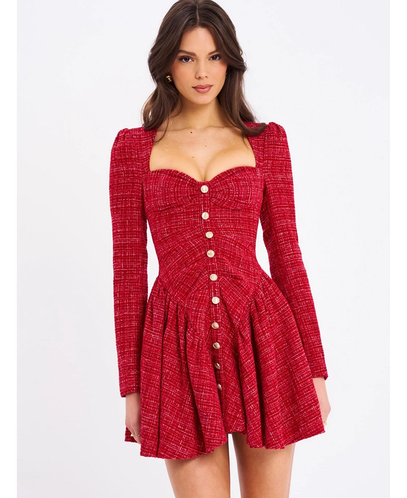 Miss Circle Women's Tae Red Tweed Long Sleeve Drop Waist Mini Dress