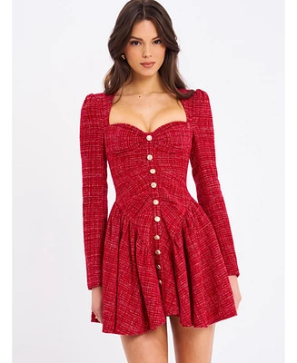 Miss Circle Women's Tae Red Tweed Long Sleeve Drop Waist Mini Dress