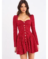 Miss Circle Women's Tae Red Tweed Long Sleeve Drop Waist Mini Dress