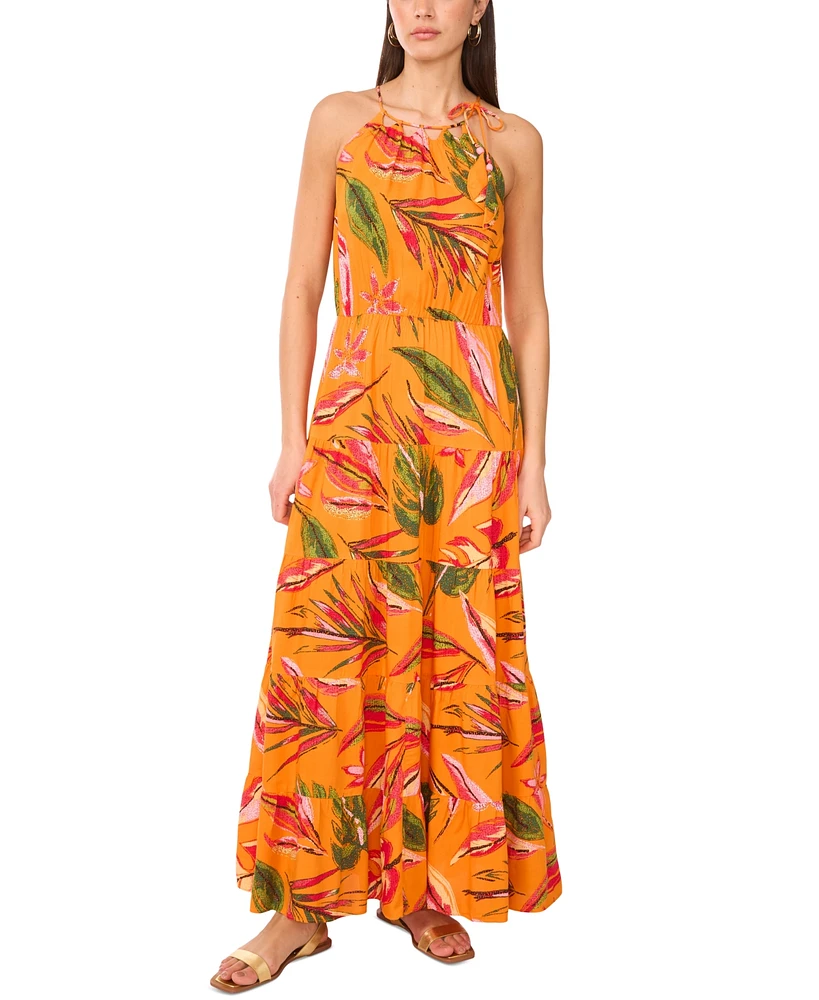 Vince Camuto Women's Tiered High-Neck Leaf-Print Maxi Dress