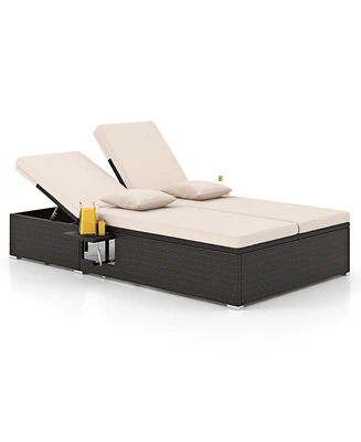 Gymax Outdoor Patio Daybed Pe Wicker Double Chaise Lounge w/ Adjustable Backrests