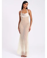 Miss Circle Women's Zahya Lime Halter Backless Beaded Mesh Gown