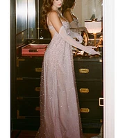 Miss Circle Women's Wallie Pink Rhinestone Embellished Mesh Backless Gown