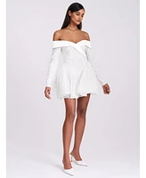 Miss Circle Women's Kira Bead Embroidered Mesh Off Shoulder Long Sleeve Mini Dress