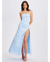 Miss Circle Women's Xatia Baby Blue Jacquard Textured High Slit Maxi Dress