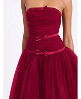 Miss Circle Women's Mabel Burgundy Drop Waist Layered Mesh Midi Puffy Dress with Bow