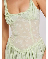 Miss Circle Women's Ulissa Light Green Square Neck Jacquard Textured High Slit Maxi Dress