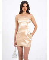Miss Circle Women's Paisley Pearl Trim Gold Sleeveless Mini Dress