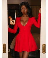 Miss Circle Women's Ubah Red Blazer Pleated Button-up Long Sleeve Mini Dress