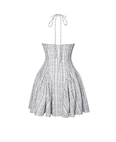 Miss Circle Women's Melody Black and White Plaid Tweed Halter Drop Waist Mini Dress