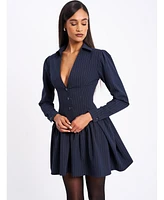 Miss Circle Women's Xabrina Navyblue Pinstripe Long Sleeve Shirt Mini Dress