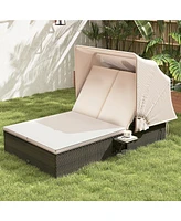 Gymax 2-person Rattan Lounge Bed w/ Retractable Canopy 5-position Adjustable Backrest