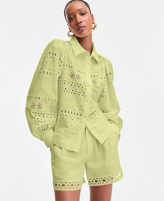 I.n.c. International Concepts Women's Cotton Eyelet Blouson-Sleeve Blouse, Exclusively at Macy's
