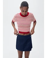 Mango Women's Striped Short Sleeve Crochet Sweater