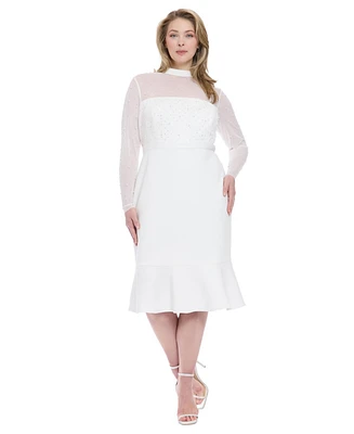 London Times Plus Beaded Illusion Mock-Neck Midi Dress