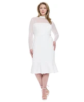 London Times Plus Beaded Illusion Mock-Neck Midi Dress