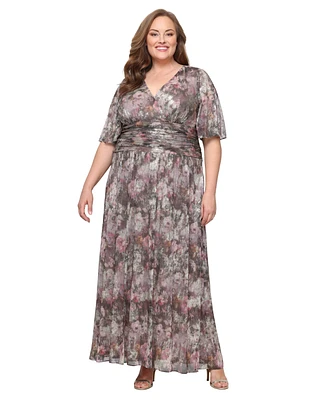 Sl Fashions Plus Printed Metallic Surplice Long Dress