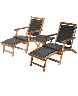 Gymax Patio Lounge Chair Set of 3 w/ Side Table Quick Folding Design Ottoman Outdoor