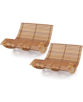 Gymax 2PCS Outdoor Double Chaise Lounge for 2 w/ High Back Slatted Seat Stopper Patio