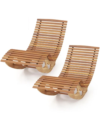 Gymax 2PCS Outdoor Chaise Lounge w/ High Back Slatted Seat Stopper Outside Wood Rocker