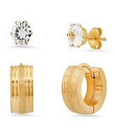 Steeltime Women's 2 Pieces Set Simulated Diamonds Studs and Diamond Cut Huggie Earrings